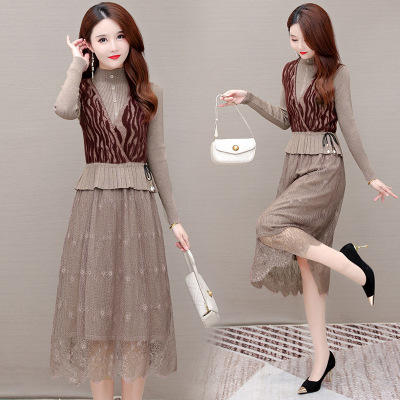 WE-ZM-BA520 时尚两件套装连衣裙女2021秋新款修身貂绒背心长袖针织毛衣打底裙 商品图3