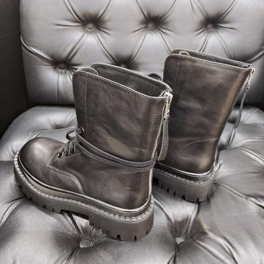 LFGJ 6129  秋冬款系带真皮中跟小短靴 商品图3