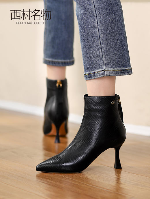 西村名物2021冬季新款白色高跟瘦瘦靴短靴女尖头细跟侧拉链T21DS45021 商品图2