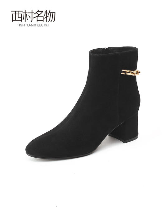 西村名物2021冬季新款时装靴商场同款羊皮链条粗跟短靴加绒T21DS45071 商品图1