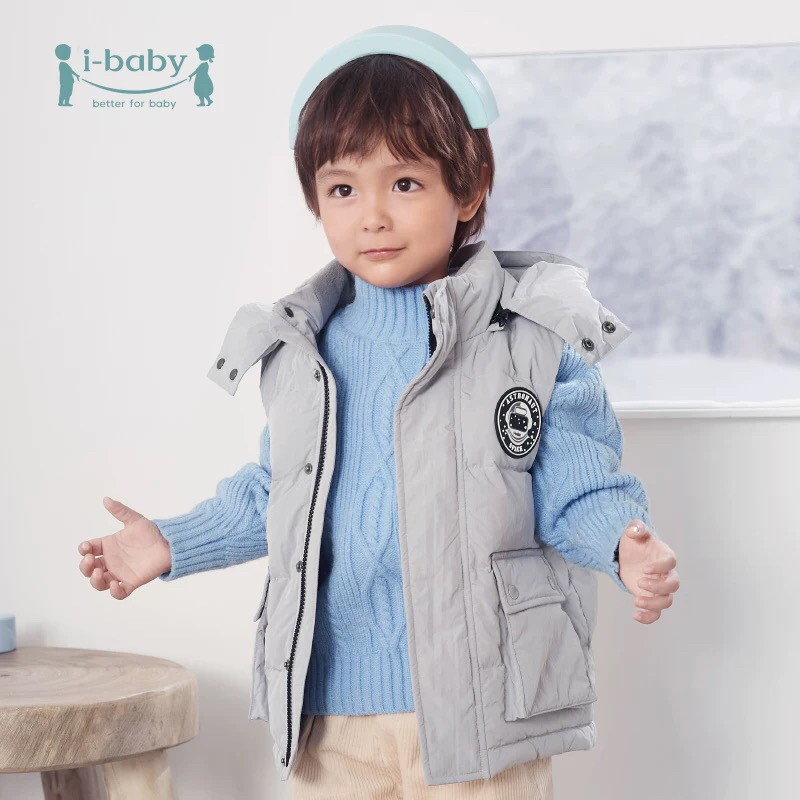 【断码清仓】i-baby儿童恒温羽绒马甲 白鹅绒保暖连帽背心工装大口袋E1210467