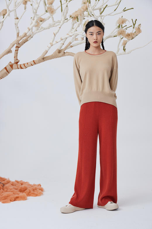 羊绒抽条针织直筒女裤 SJF93K114N 商品图1