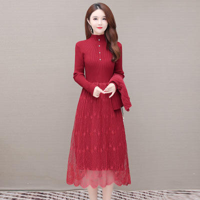 WE-ZM-BA520 时尚两件套装连衣裙女2021秋新款修身貂绒背心长袖针织毛衣打底裙 商品图6