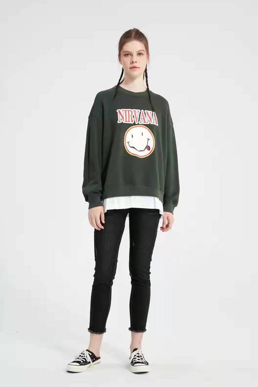 水淼2021冬爆款假两件笑脸潮牌运动加绒卫衣4281