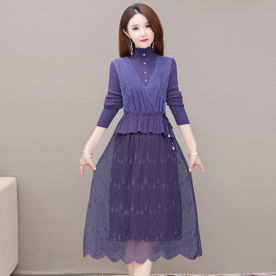 WE-ZM-BA520 时尚两件套装连衣裙女2021秋新款修身貂绒背心长袖针织毛衣打底裙 商品图2