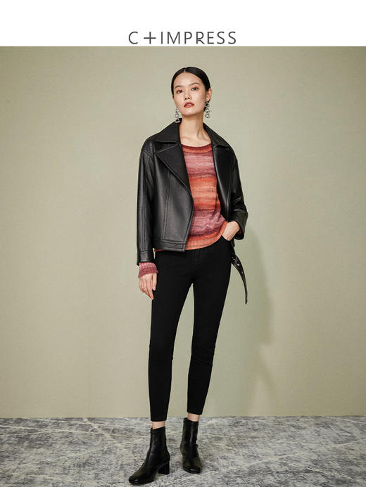 西嘉C+IMPRESS西嘉 绵羊皮擦色工艺皮衣外套女机车帅气宽松皮夹克 商品图1
