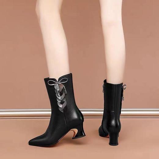 TZW-全牛皮冬季粗跟中筒靴女尖头中跟侧拉链马丁靴中靴 商品图2