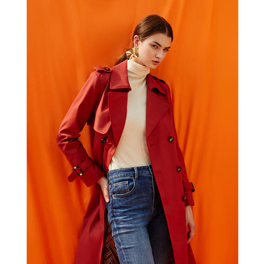 EITIE爱特爱新款经典翻领时尚双排扣收腰红色中长风衣外套C2104812 商品图1