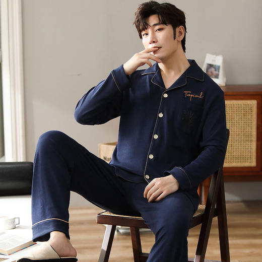 【质地柔软 100%纯棉】新款休闲睡衣男纯棉秋冬季长袖长裤翻领男款可外穿家居服套装 商品图0