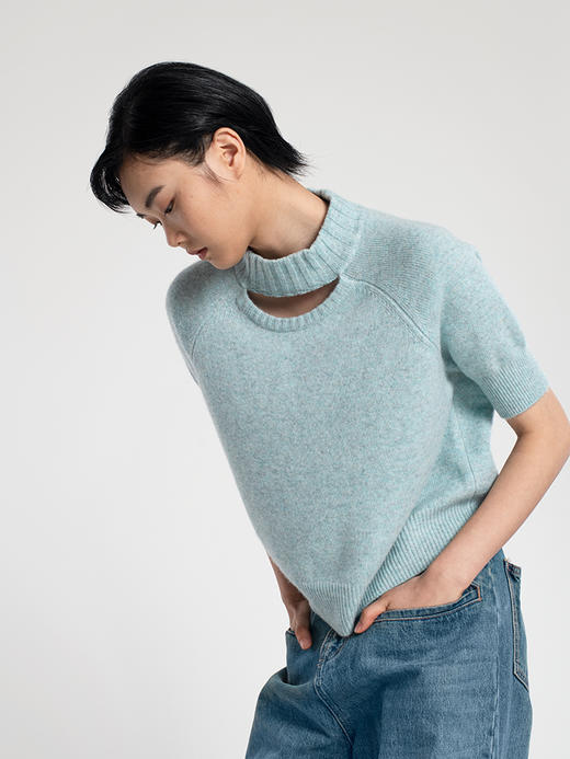 女士2021新款纯山羊绒半高圆领短袖套头衫 商品图3