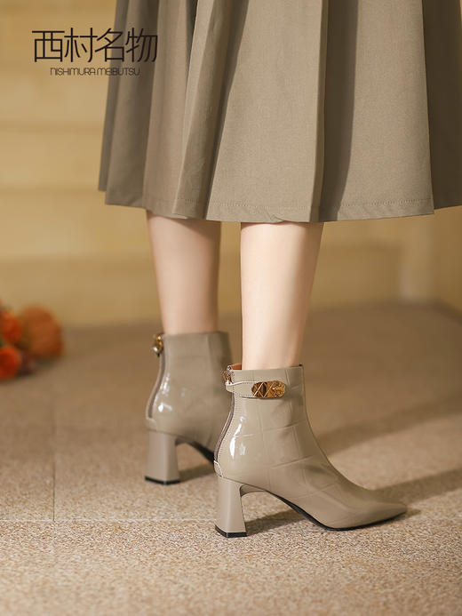 西村名物2021冬季新款女鞋漆皮短靴女高跟细跟真皮女及踝靴T21DS44971 商品图2