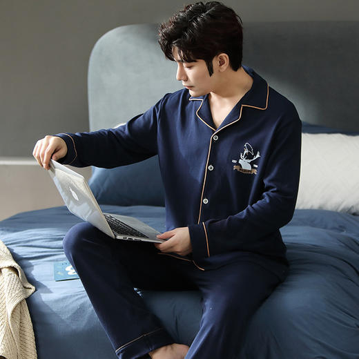 【质地柔软 100%纯棉】新款休闲睡衣男纯棉秋冬季长袖长裤翻领男款可外穿家居服套装 商品图8