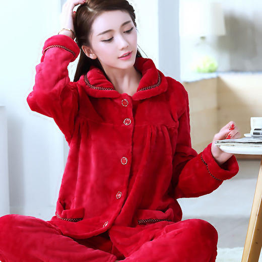 TZW-秋冬睡衣女珊瑚绒加厚女士法兰绒套装家居服 商品图2