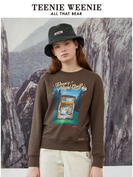 TeenieWeenie小熊圆领套头印花卫衣女宽松摩卡棕显瘦短款上衣秋冬TTMA214901T 商品图3