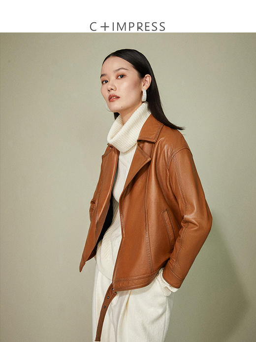 西嘉C+IMPRESS西嘉 绵羊皮擦色工艺皮衣外套女机车帅气宽松皮夹克 商品图3