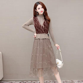 WE-ZM-BA520 时尚两件套装连衣裙女2021秋新款修身貂绒背心长袖针织毛衣打底裙