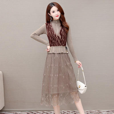 WE-ZM-BA520 时尚两件套装连衣裙女2021秋新款修身貂绒背心长袖针织毛衣打底裙 商品图0