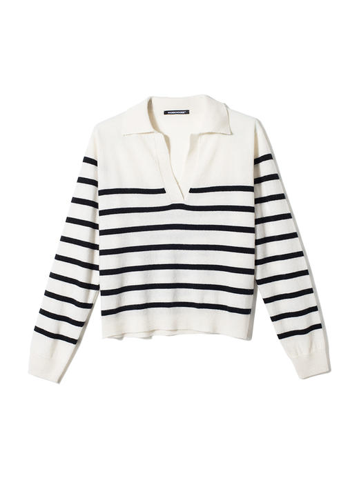 女士2021新款纯山羊绒条纹翻领套头衫 商品图4