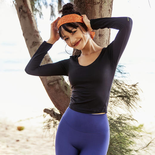 【裸感】V领显瘦紧身瑜伽服带胸垫长袖弹力运动上衣速干t恤 商品图1