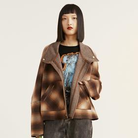 MIIDII谜底2021冬新款复古格纹宽松短款呢子外套女214MW2413