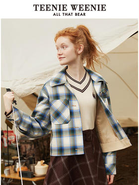 TeenieWeenie小熊格纹西装外套宽松韩版显瘦小个子潮女2021秋冬款TTJK214903T