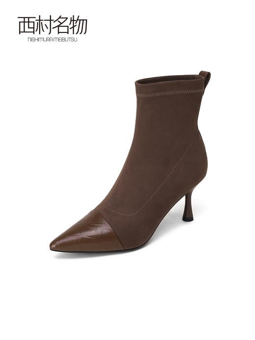 西村名物2021冬季新款弹力高跟短靴女尖头细跟短筒瘦瘦靴T21DS44961 商品图1