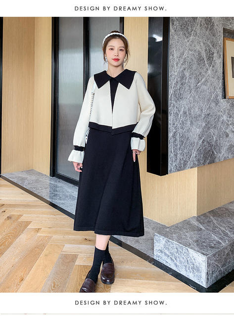 【宽松显瘦 气质有型】孕妇装秋冬季气质小香风娃娃领假两件套针织连衣裙毛衣孕期哺乳期长款辣妈哺乳裙 商品图6