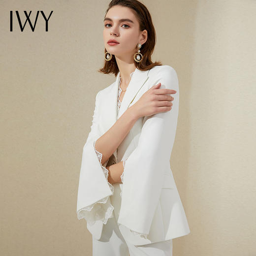 IWY/白色蕾丝边高端西装套装女气质名媛正装修身显瘦总裁阔腿裤职业装213186C1+P3 商品图2