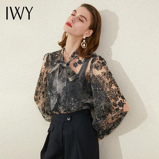IWY/小众设计感衬衫蕾丝黑色衬衣女早气质职业衬衫薄款上衣213180B1 商品图0