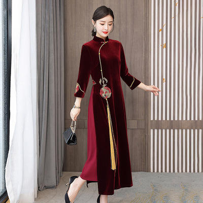 AHM- olz1928 丝绒奥戴旗袍连衣裙女2021秋冬季中国风刺绣修身立领妈妈装长裙子 商品图2