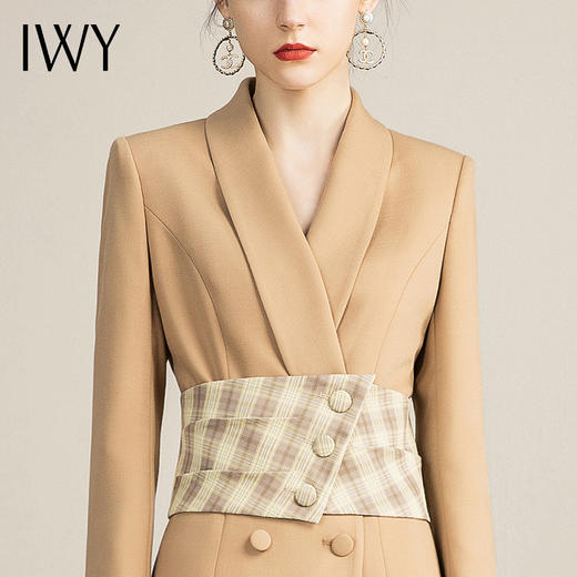 IWY/主持人同款显瘦职业连衣裙女长袖高端工作服时尚气质名媛卡其西服正装OL 213157Q1 商品图6