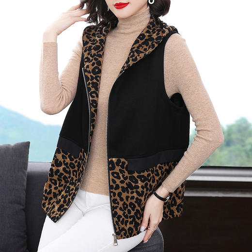 YY  2556无袖拉链开衫马甲豹纹拼接POLO领 商品图0