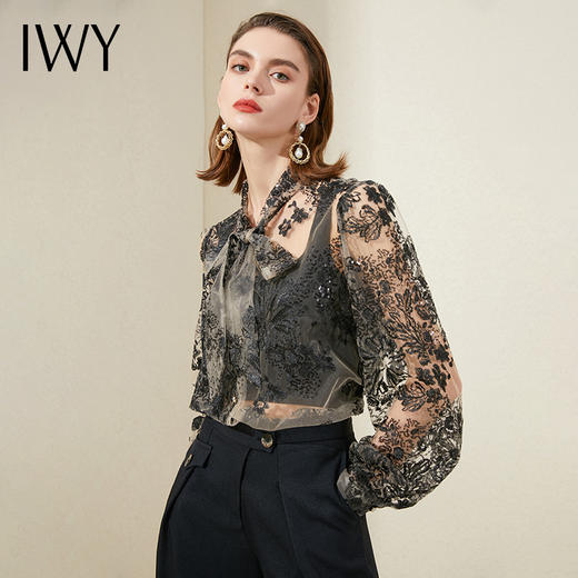 IWY/小众设计感衬衫蕾丝黑色衬衣女早气质职业衬衫薄款上衣213180B1 商品图1