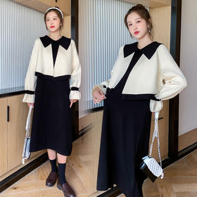 【宽松显瘦 气质有型】孕妇装秋冬季气质小香风娃娃领假两件套针织连衣裙毛衣孕期哺乳期长款辣妈哺乳裙