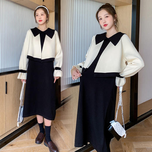 【宽松显瘦 气质有型】孕妇装秋冬季气质小香风娃娃领假两件套针织连衣裙毛衣孕期哺乳期长款辣妈哺乳裙 商品图0