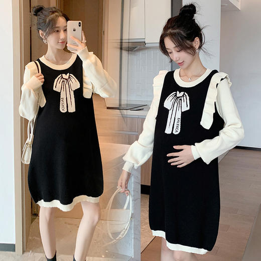 【专为孕妇设计】秋冬新款孕妇装时尚潮妈孕妇毛衣中长款产前产后套头毛线针织裙 商品图1