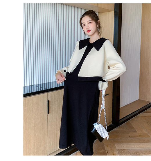 【宽松显瘦 气质有型】孕妇装秋冬季气质小香风娃娃领假两件套针织连衣裙毛衣孕期哺乳期长款辣妈哺乳裙 商品图5