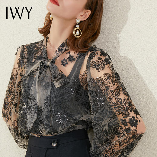 IWY/小众设计感衬衫蕾丝黑色衬衣女早气质职业衬衫薄款上衣213180B1 商品图4