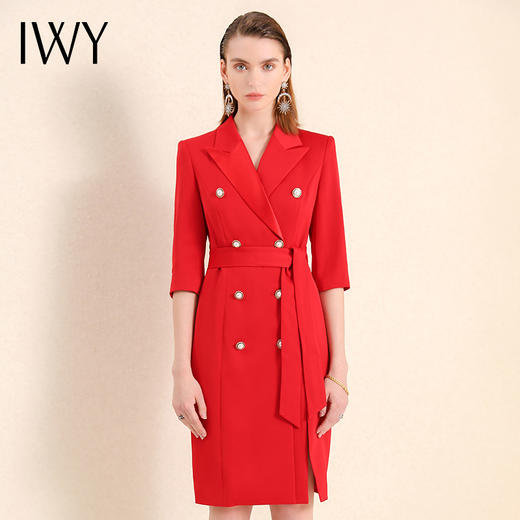 IWY/时尚休闲职业套裙设计感小众套裙中长款七分袖红色西装连衣裙213175Q1 商品图1