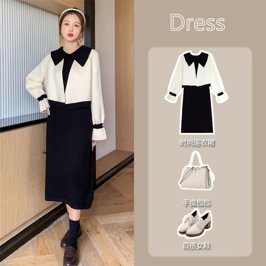 【宽松显瘦 气质有型】孕妇装秋冬季气质小香风娃娃领假两件套针织连衣裙毛衣孕期哺乳期长款辣妈哺乳裙 商品图1