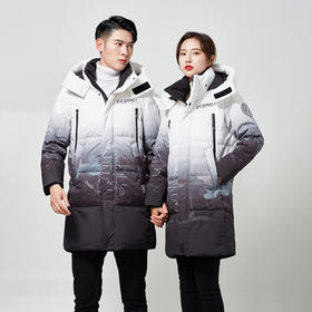 【羽绒服】冬季男女情侣装中长款可脱卸帽子渐变时尚潮流白鸭羽绒服外套