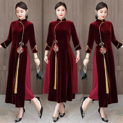AHM- olz1928 丝绒奥戴旗袍连衣裙女2021秋冬季中国风刺绣修身立领妈妈装长裙子 商品图1