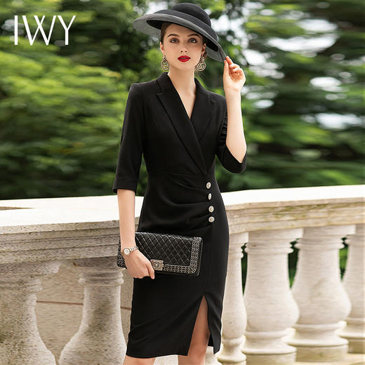 IWY/高端西装连衣裙女气质时尚ol正装黑色中长款包臀裙商务职业装套装 Q640 商品图0