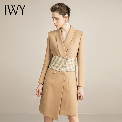 IWY/主持人同款显瘦职业连衣裙女长袖高端工作服时尚气质名媛卡其西服正装OL 213157Q1 商品图4