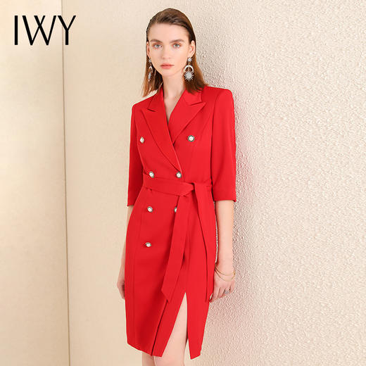 IWY/时尚休闲职业套裙设计感小众套裙中长款七分袖红色西装连衣裙213175Q1 商品图0