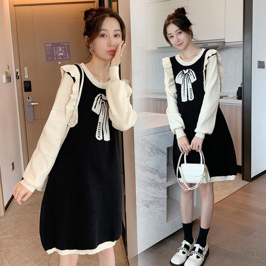 【专为孕妇设计】秋冬新款孕妇装时尚潮妈孕妇毛衣中长款产前产后套头毛线针织裙 商品图3