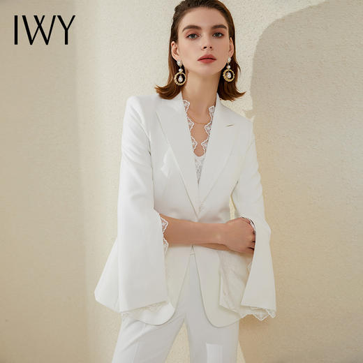IWY/白色蕾丝边高端西装套装女气质名媛正装修身显瘦总裁阔腿裤职业装213186C1+P3 商品图1