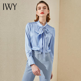 IWY/蓝色高端职业装衬衣女气质绑带衬衫时尚通勤办公室工作服套装203181B1