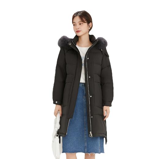 【服饰鞋包】纯色连帽中长款女装加厚款狐狸毛白鸭绒羽绒服 商品图3