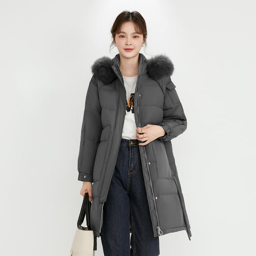 【服饰鞋包】纯色连帽中长款女装加厚款狐狸毛白鸭绒羽绒服 商品图2